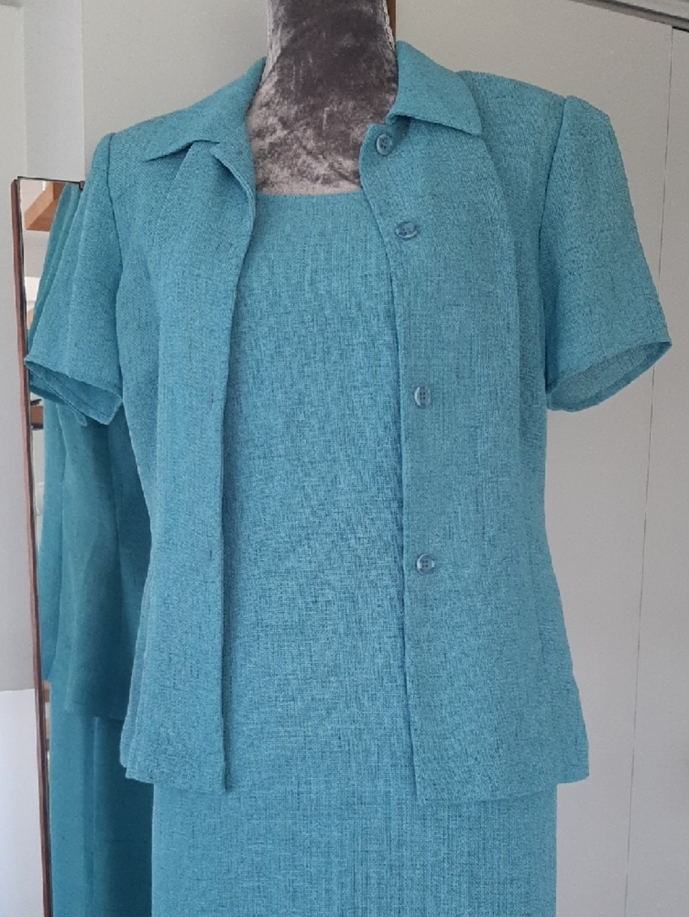 2 PC 80's DONNAπRICCO Teal Fitted Maxi DRESS with Pleated Back Jacket SET Sz 8 - Picture 4 of 14